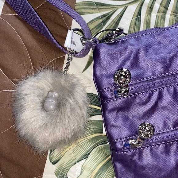 NWT Kipling Metallic purple Crossbody Bag with Pom Pom - Picture 3 of 7